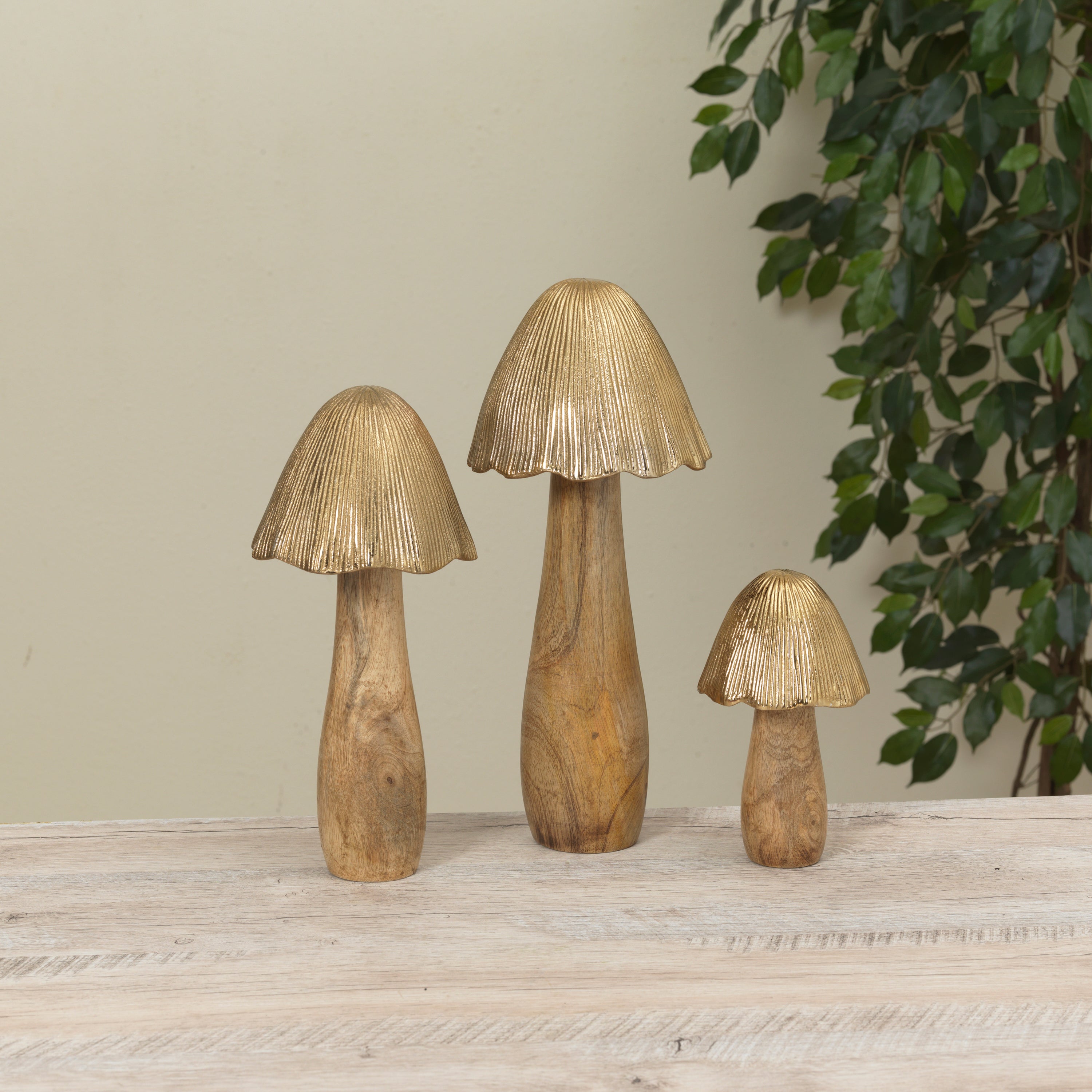 Set of 3 Rustic Aluminum and Mango Wood Mushroom Figurines